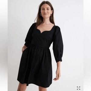 New Madewell Poplin Puff-Sleeve Sweetheart Neckline Black Cotton Mini Dress